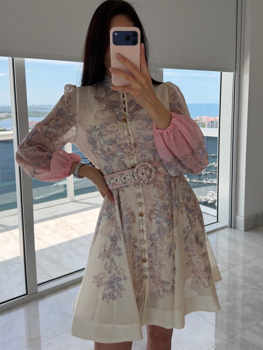 Floral Paisley Pink Sleeve Belted Mini Dress - Sise M - Zimmerman style